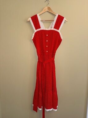 Vintage 70’s J.C. Penny Polka Dot Sundress Lace Eyelet Red White Size 7/8 Dainty